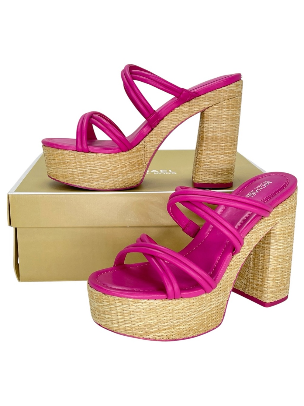 Michael Kors Corrine Pink Leather Raffia Womens Platform Sandals Size 7.5M - Picture 12 of 12